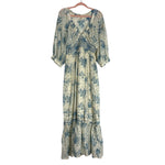 Free People Cream Blue Printed Lined Sheer Sleeve V-Neck Dress- Size M