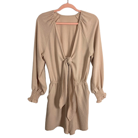 No Brand Tan Deep V-Neck with Front Tie and Cut Out Romper- Size S