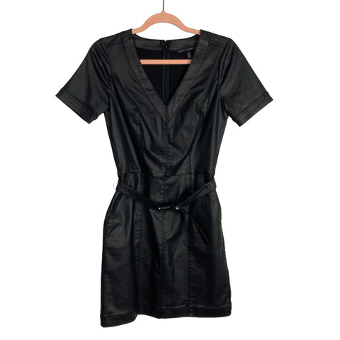 White House Black Market Black Faux Leather Belted Dress- Size 0