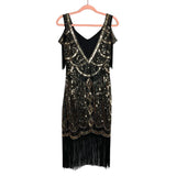 Babeyond Black/Gold Beaded Sequin Off Shoulder Flapper Fringe Dress NWT- Size S
