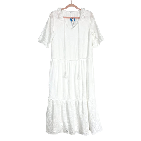 Cupshe White Eyelet Ruffle Neck with Tassel Front Tie Dress NWT- Size M