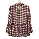 American Eagle Brown Plaid Button Up Flannel Peplum Top- Size M