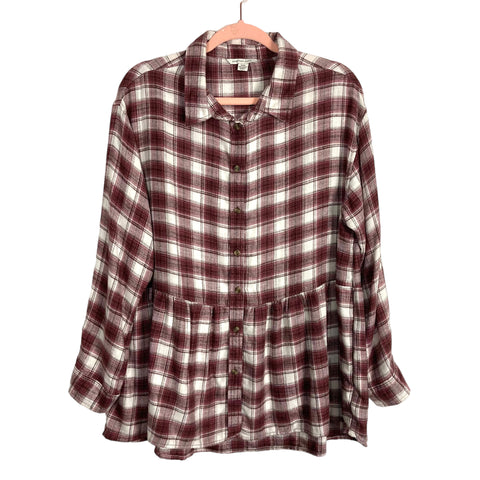 American Eagle Brown Plaid Button Up Flannel Peplum Top- Size M