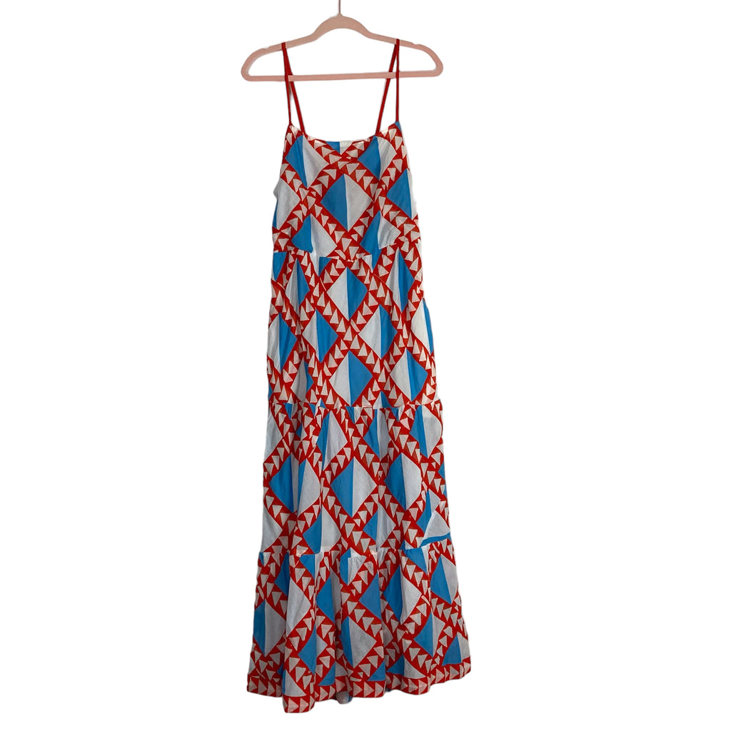 maxi dress red white and blue Banjanan Red/White/Blue Pattern Diamond Patchwork Maxi Dress- Size ~L – The  Saved Collection