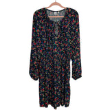 GAP Black with Bright Multi-Color Floral Print Tie Front Smocked Elastic Waist Dress- Size L