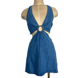 Show Me Your Mumu Denim Side Cutout Back Tie Halter Dress- Size S