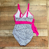 M Hot Pink/Animal Print Padded One Piece Belted Swimsuit- Size S