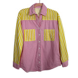 No Brand Yellow and Pink Striped Button Down Top with Drawstring Shorts Set- Size S