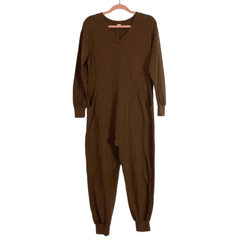 Anrabess Brown V-Neck Long Sleeve Jumpsuit- Size XS