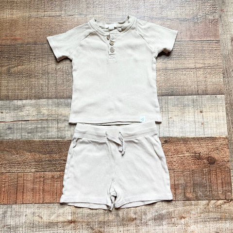 Burt's Bees Baby Beige Ribbed Button Top and Drawstring Shorts Set- Size 6-9M (sold as a set)
