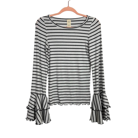 We The Free White/Grey Striped Ruffle Sleeve Top - Size S