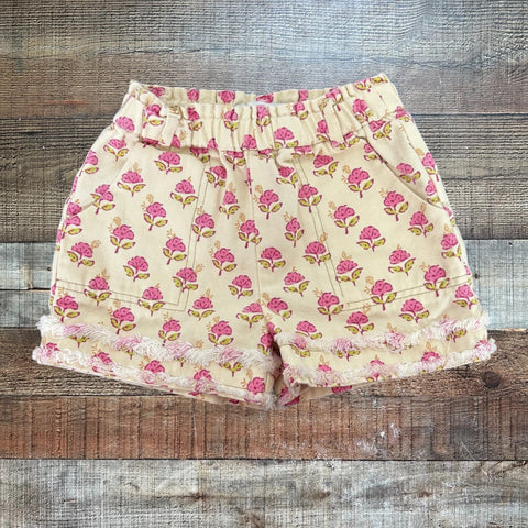 Zara Beige Denim with Pink Floral Print Distressed Hem Shorts- Size 3-4Y