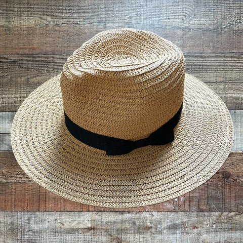 David & Young Paper Straw Black Belted Hat- One Size Fits Most