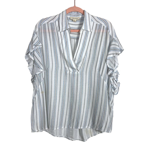 Coverstitched White/Blue/Black Striped Flutter Sleeve V-Neck Collared Top- Size L (see notes)