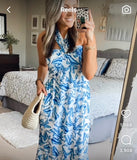 Grace Karin White Blue Floral Halter Dress- Size S