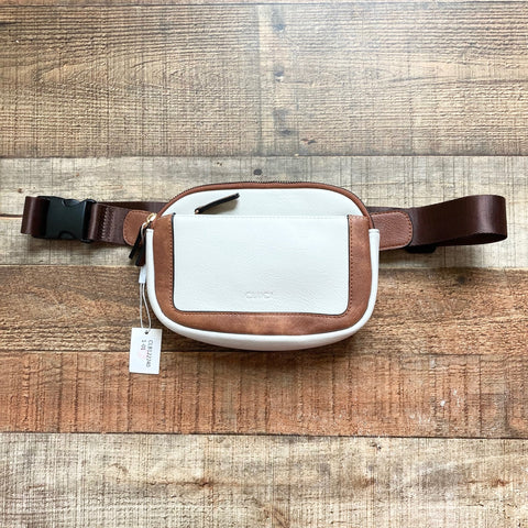 Cluci Cream/Camel Trim Faux Leather Fannypack Sling Bag NWT
