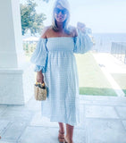Sleeper Light Blue Gingham 100% Linen Off the Shoulder Smocked Midi Dress NWOT- Size L (sold out online)