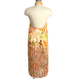 Farm Rio Orange/Yellow/Brown Pattern Faux Silk with Twist Neckline and Open Back and Fringe Detail Dress- Size S