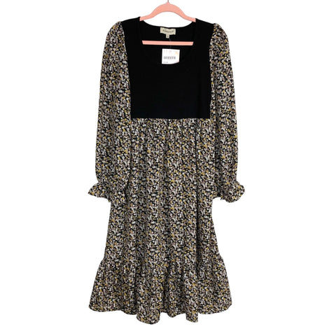 Sunday Up Black Ribbed Bodice Floral Midi Dress NWT- Size L