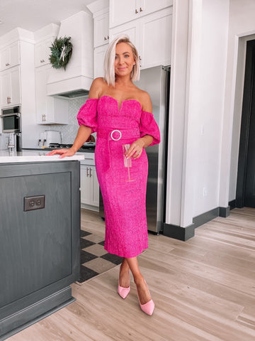 Majorelle Pink Off the Shoulder Belted Back Slit Dress- Size S (sold out online)