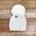 New Directions Ivory/Silver Metallic Chunky Knit Pom Beanie NWT