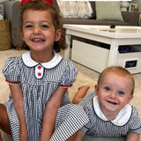 The Beaufort Bonnet Company Navy/White Windowpane with Rickrack Trim and Back Bow Dress- Size 3T (see notes)