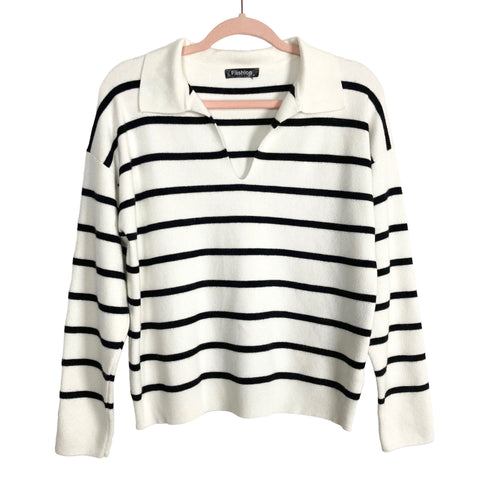 Fashion White/Black Striped V-Neck Collared Sweater- Size S