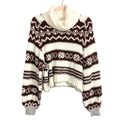 Free People Cream and Brown Printed Cropped Sweater- Size S