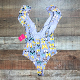 Buddy Love Purple with Butterflies Ruffle Neckline and Straps Padded One Piece NWT- Size M