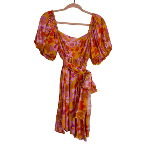 Shop Neighbor Orange and Purple Floral Criss Cross Belted Dress- Size M