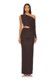 NBD Chocolate Cinched One Shoulder Side Cutout Back Slit Dress NWT- Size L (sold out online)