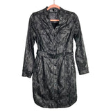 White House Black Market Black/Silver Metallic Snakeskin Print Belted Snap Up Shirt Dress- Size 2