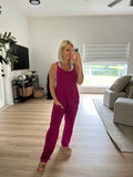No Brand Berry V-Neck with Back Zipper Pocket Detail Jumpsuit- Size S