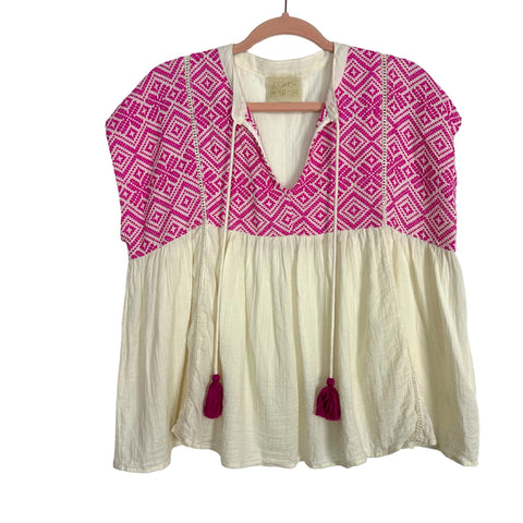 Judith March Cream and Pink Embroidered Tassel Front Top- Size M