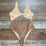 No Brand Cream Ribbed Top and Mocha Ribbed Bottom Front and Back Cut Outs Padded One Piece- Size L