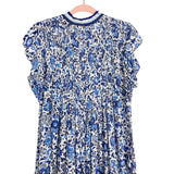 Poupette St Barth Blue Floral with Pleated Bodice and Fringe Neckline and Crochet Hem Dress- Size L