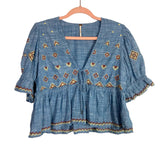 Free People Chambray Embroidered Printed Top- Size S