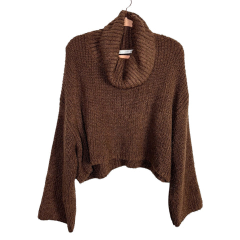 Altar'd State Brown Fuzzy Cowl Neck Wide Sleeve Cropped Sweater- Size S