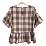 Blu Pepper Brown Plaid Puff Sleeve Top- Size S