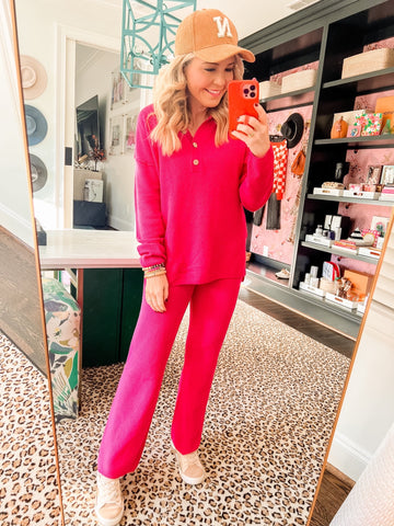 No Brand Bright Pink Textured Knit Button Detail Top and Pants Set- Size S (sold as a set)