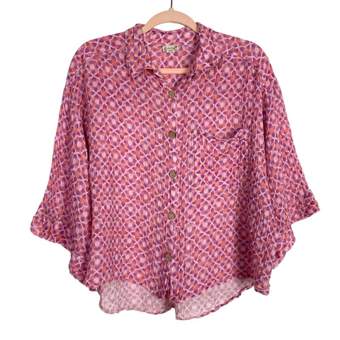 Intimately by Free People Pink/Purple Linen Floral Print Button Up Top and Shorts Set- Size S