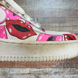 Pre-Owned Nike Air Force 1 White Lipstick Kiss Design Sneakers with Red and Pink Laces- Size 6Y (see notes)