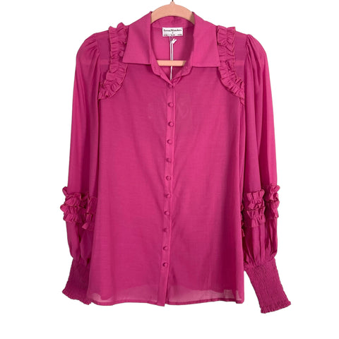 Seven Wonders Fuchsia Ruffle with Smocked Cuffs Button Up Blouse NWT- Size 4
