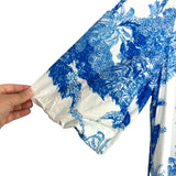 Mestiza White with Blue Tropical Palm Print Boat Neck Puff Sleeves Dress- Size XL