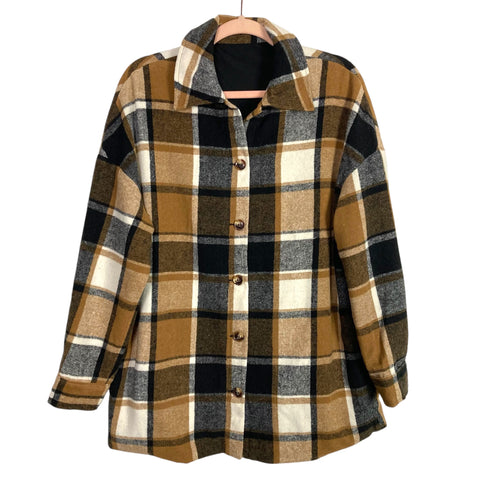 Cupshe Camel Plaid Fleece Shacket- Size S