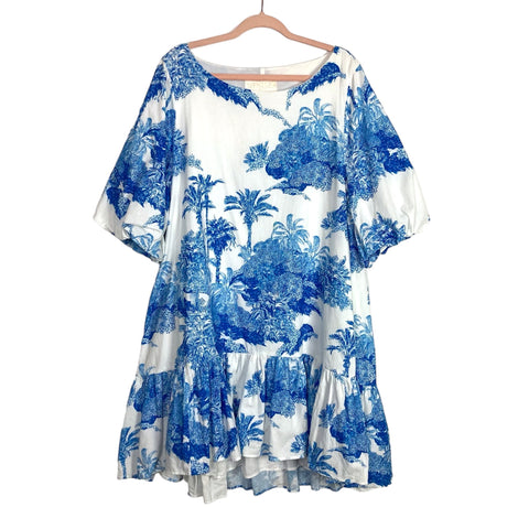 Mestiza White with Blue Tropical Palm Print Boat Neck Puff Sleeves Dress- Size XL