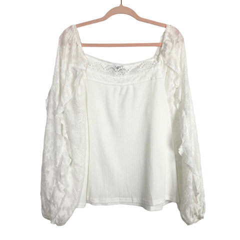 JoyJoy White Waffle Knit with Crochet Detail and Sheer Embroidered Sleeves Top NWT- Size XL