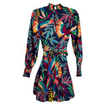 Farm Rio for Anthropologie Multi-Color Tropical Parrots with Tie Belt Bubble Hem Dress- Size S