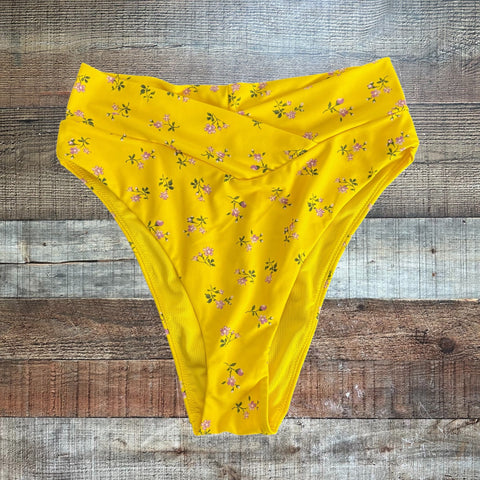 Aerie Yellow Floral Print High Cut Cheeky Swim Bottoms - Size M