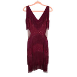 Babeyond Dark Red Beaded with Sequins Embroidery Multi-Layered Tassel Dress- Size S